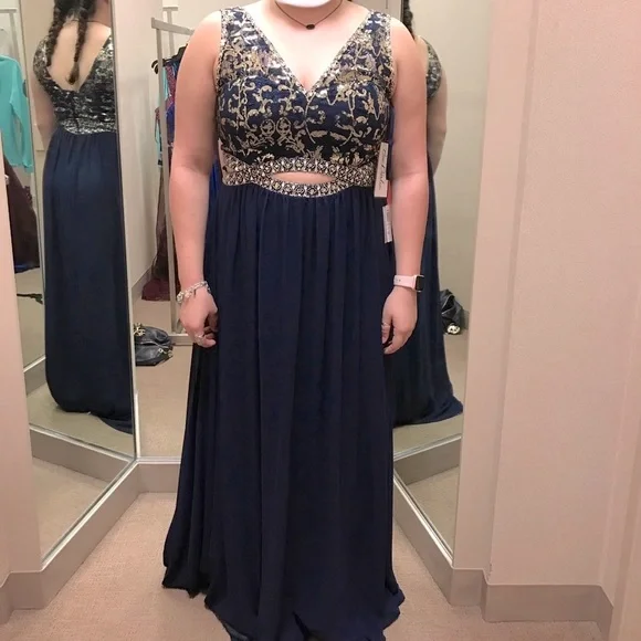slim fit dress slacks Navy Blue Long Prom Dress with Gold Sequins main image 0